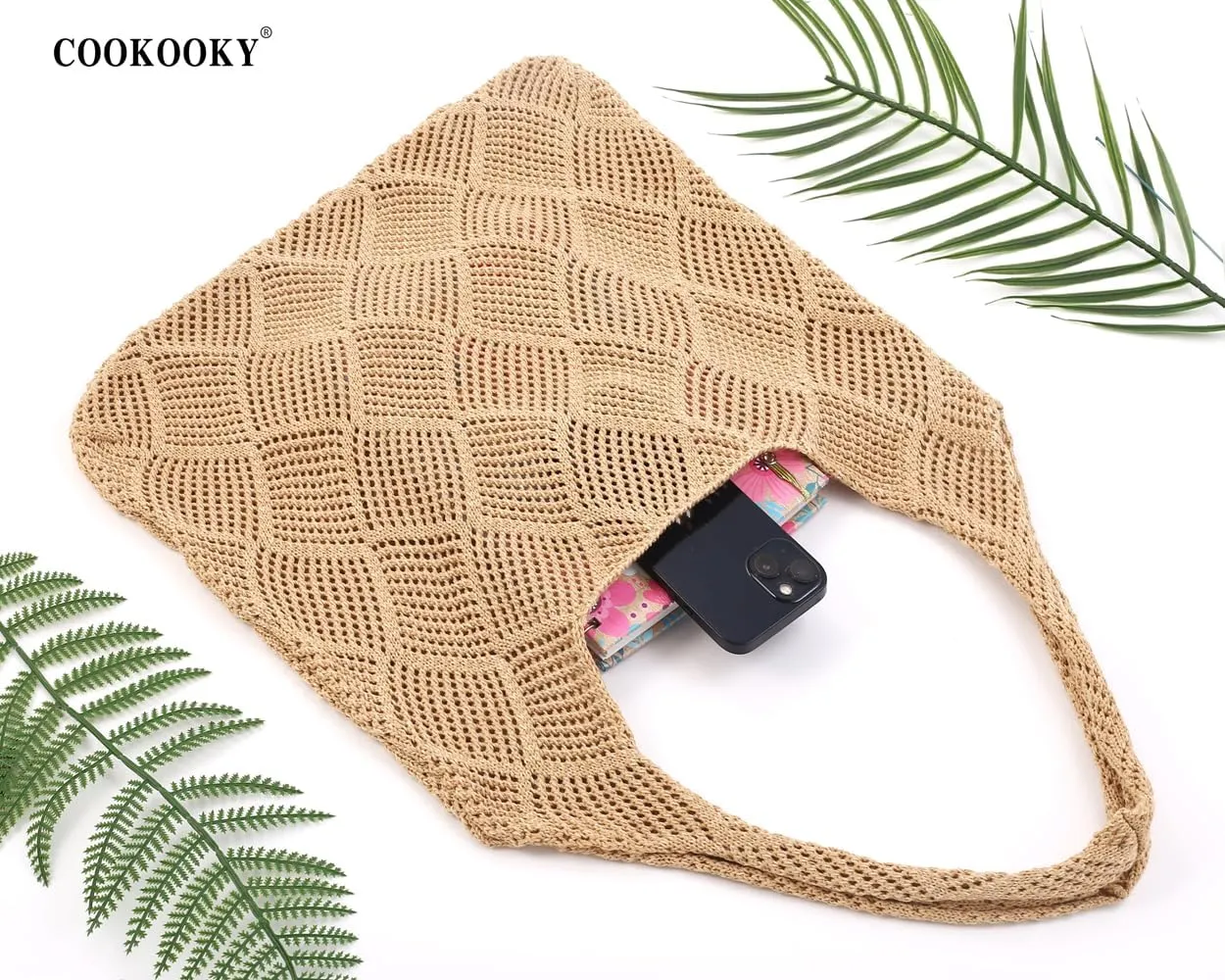 COOKOOKY Crochet Beach Tote bag Summer Beach Bag for Women Aesthetic Mesh Tote Bag Hippie Bag Knit Bag