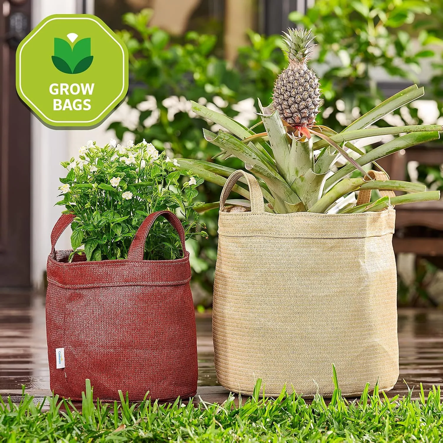 Coolaroo 2-Pack 2 Gallon Heavy Duty Plant/Vegetable/Herb/Fruit Breathable Fabric Grow Planter Pot Bags with Handles, Desert Sand