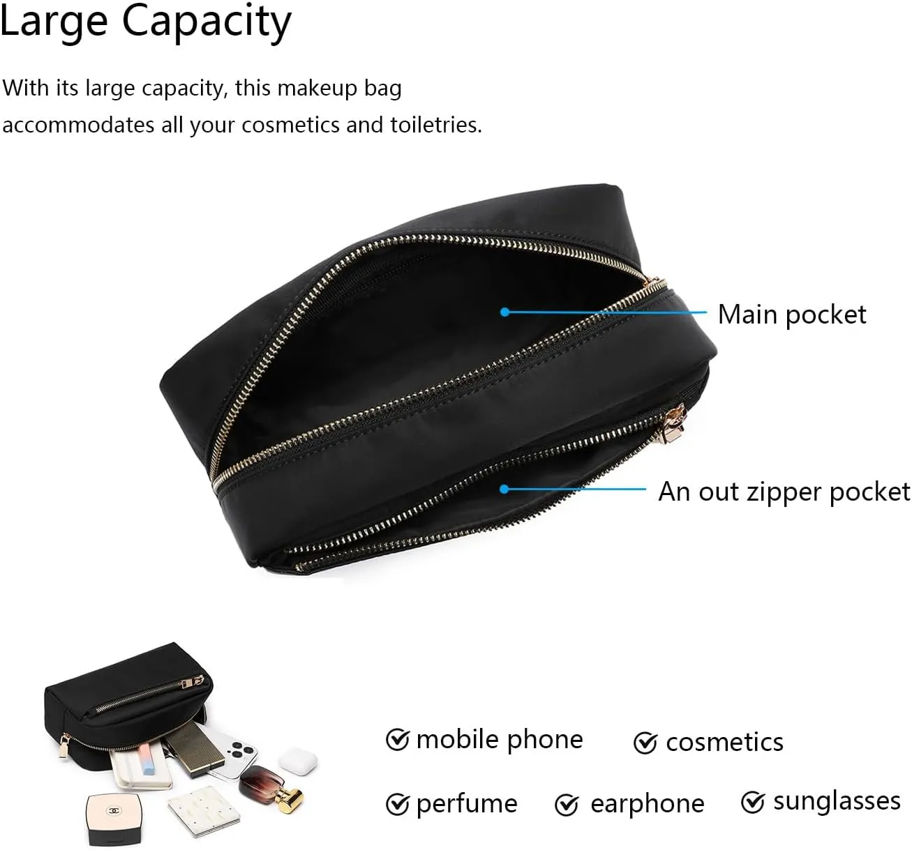Cosmetic Bag Large Capacity Waterproof Makeup Bag Portable Toiletry Bag for Women Travel Toiletry Organizer with Adjustable Dividers