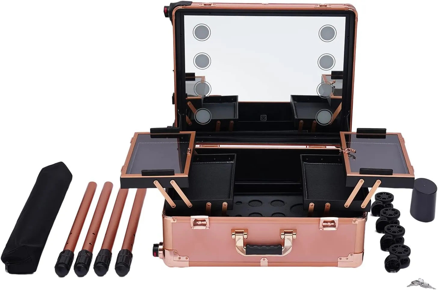 Cosmetic Train Cases Portable Makeup Case Salon Cosmetic Organizer w/Drawbar 4 Rolling Wheels &Mirror Makeup Train Case Professional Artist Trolley Studio Free Standing Case (champagne gold)