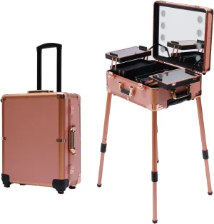 Cosmetic Train Cases Portable Makeup Case Salon Cosmetic Organizer w/Drawbar 4 Rolling Wheels &Mirror Makeup Train Case Professional Artist Trolley Studio Free Standing Case (champagne gold)