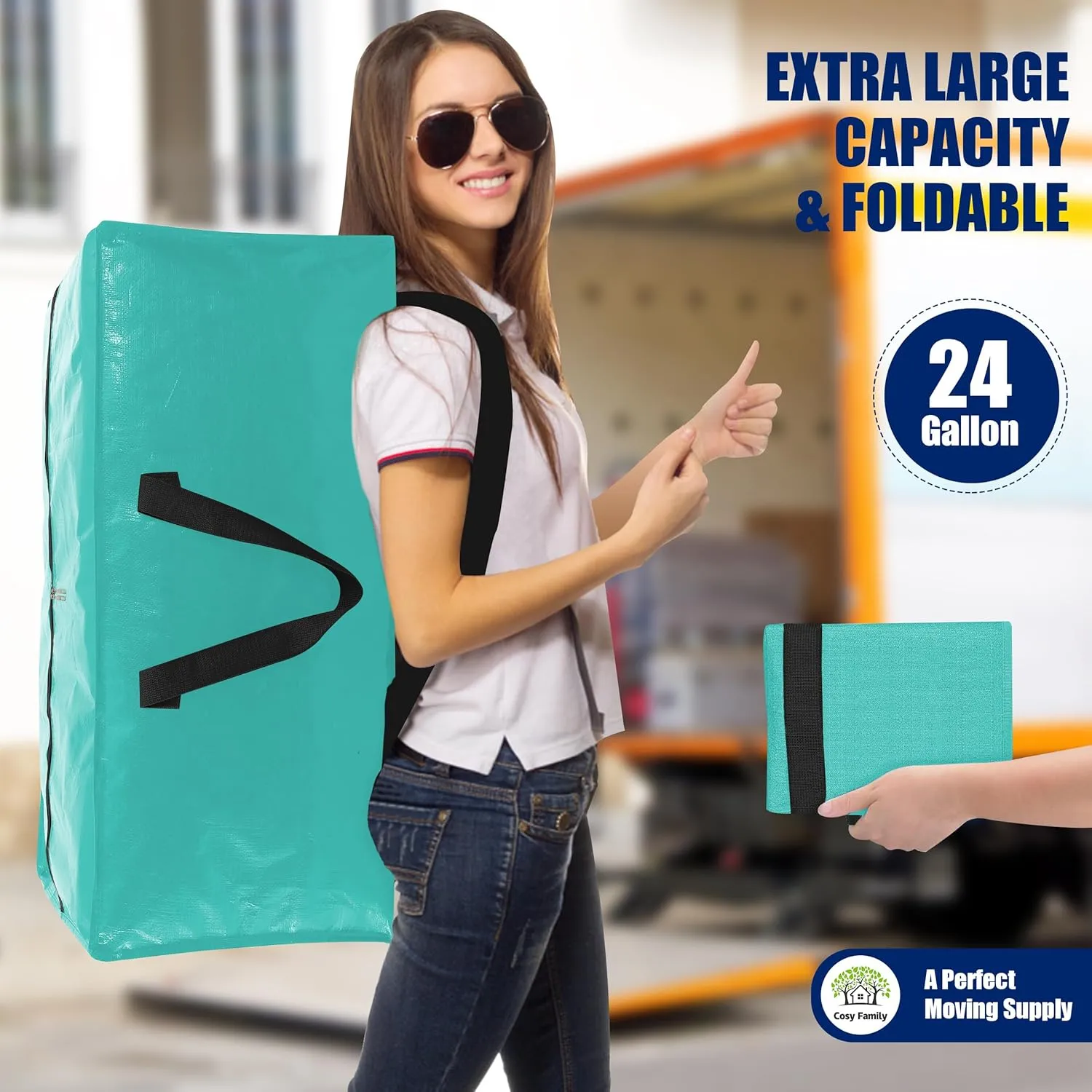 Cosy Family 12 Pack Heavy Duty Extra Large Moving Bags with Backpack Straps - Strong Handles & Zippers, Storage Totes For Space Saving, Fold Flat, Alternative to Moving Box, Aquamarine