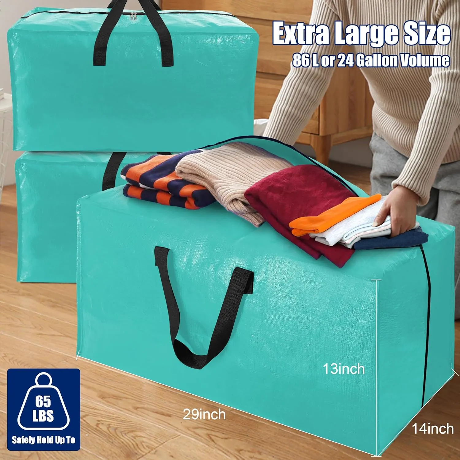 Cosy Family 12 Pack Heavy Duty Extra Large Moving Bags with Backpack Straps - Strong Handles & Zippers, Storage Totes For Space Saving, Fold Flat, Alternative to Moving Box, Aquamarine