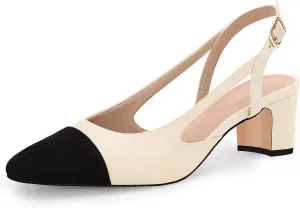 Coutgo Womens Slingback Kitten Heels Low Chunky Heel Splicing Toe Office Wedding Dress Pumps Shoes
