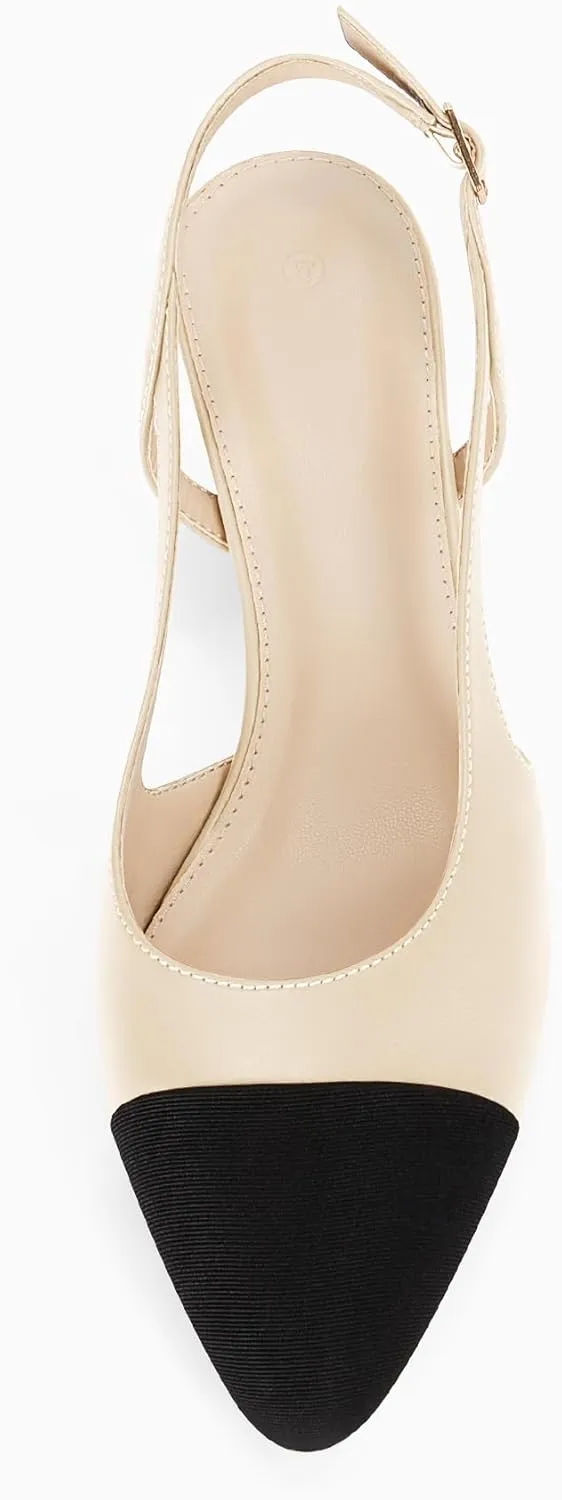 Coutgo Womens Slingback Kitten Heels Low Chunky Heel Splicing Toe Office Wedding Dress Pumps Shoes