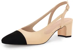 Coutgo Womens Slingback Kitten Heels Low Chunky Heel Splicing Toe Office Wedding Dress Pumps Shoes