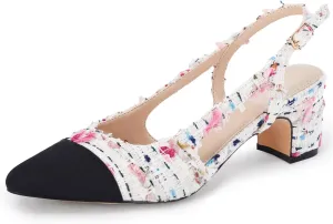 Coutgo Womens Slingback Kitten Heels Low Chunky Heel Splicing Toe Office Wedding Dress Pumps Shoes
