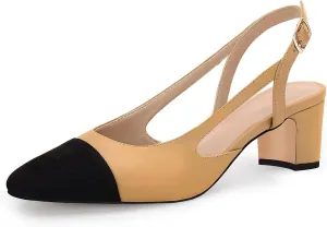 Coutgo Womens Slingback Kitten Heels Low Chunky Heel Splicing Toe Office Wedding Dress Pumps Shoes