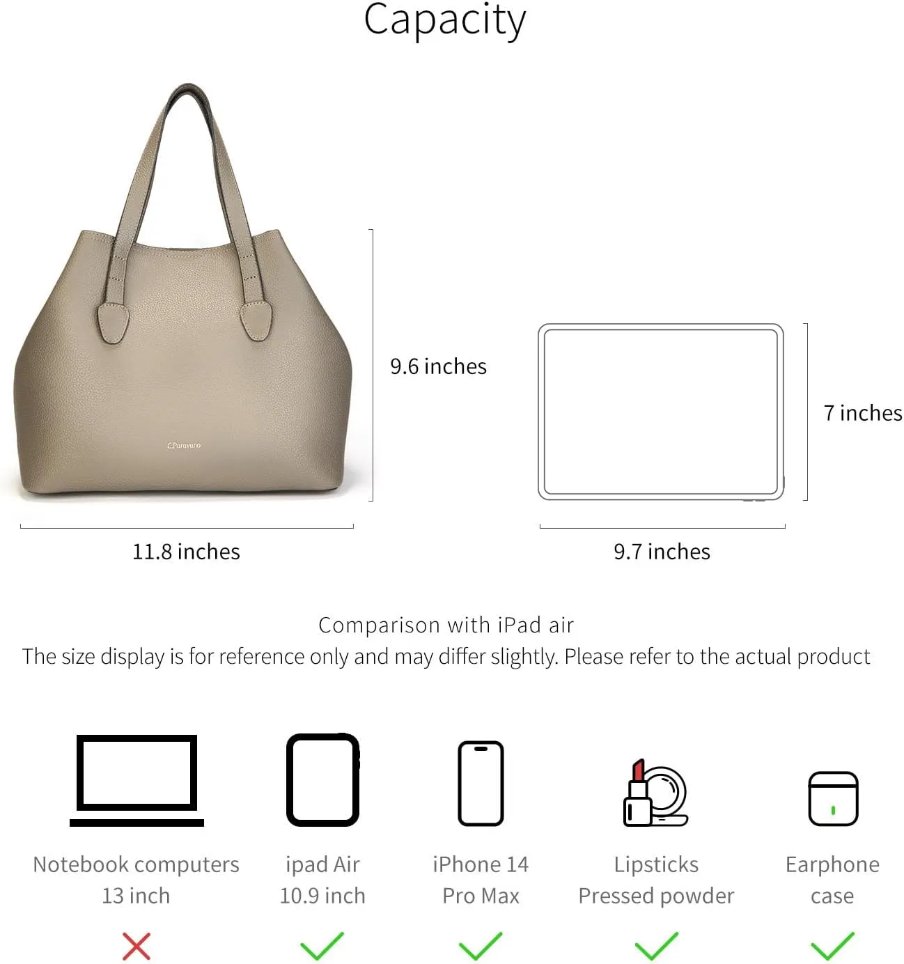C.Paravano Large Capacity Tote Handbag | Full Grain Leather Tote Bag | Hobo Bag | Women's Top Handle Tote | Travel Work Tote