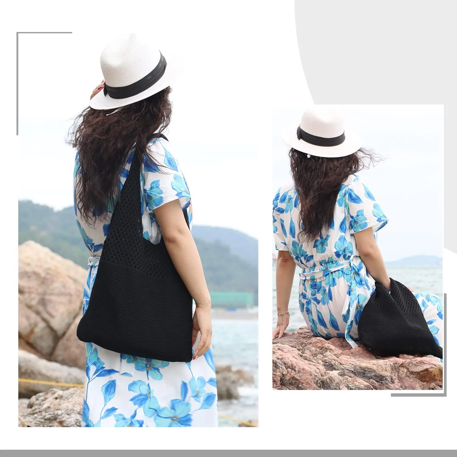 Crochet Mesh Tote Bag Retro Summer Hobo Bag for Women Flower Knitted Shoulder Bags Casual Beach Purse