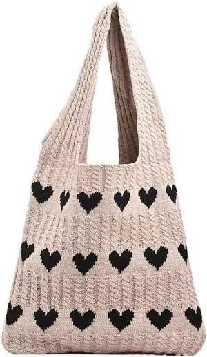 Crochet Tote Bag Cute Heart Pattern Hobo Bag Knitted Shopping Shoulder Commute Handbag Hollow Beach Purse for Women