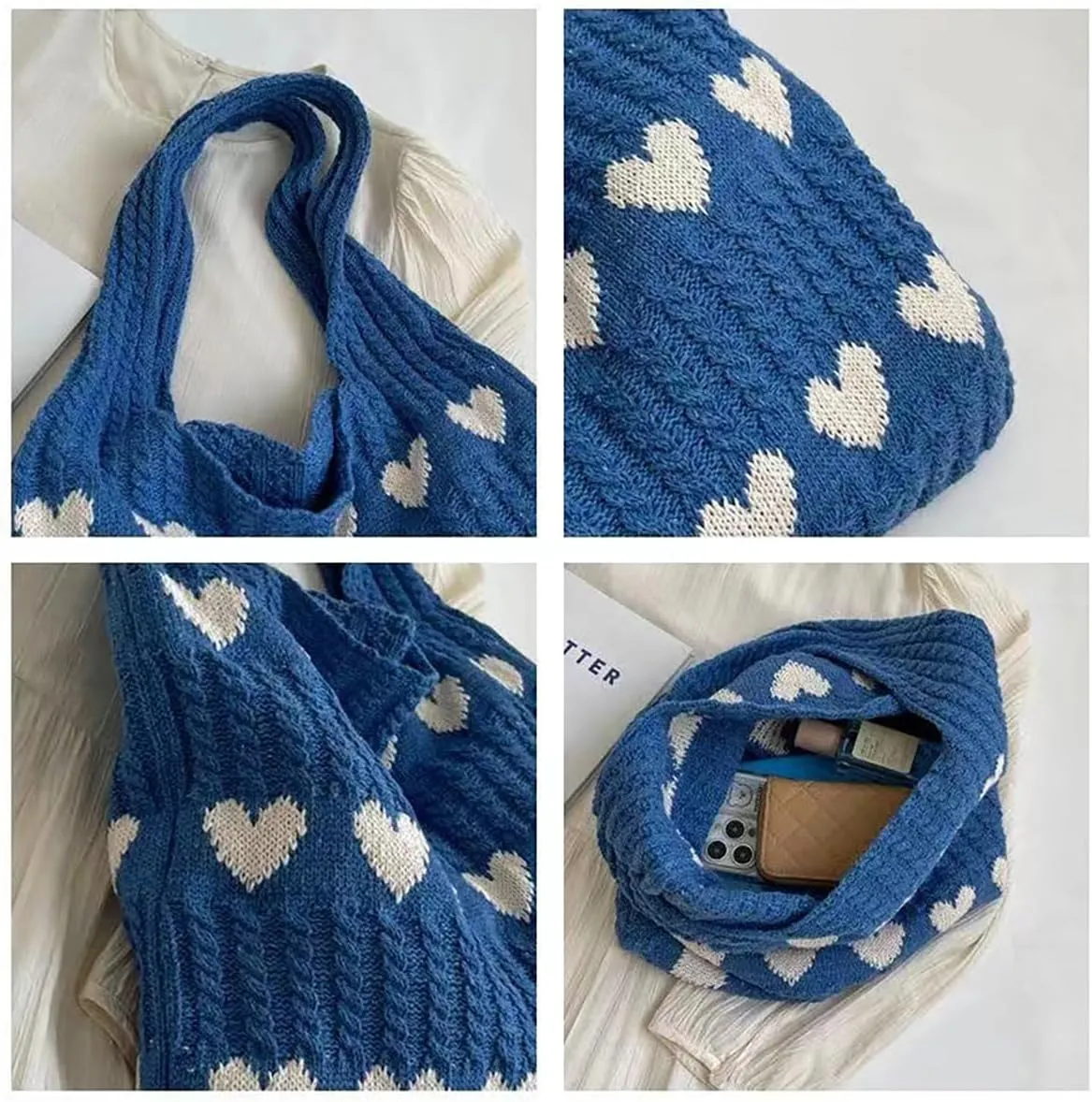 Crochet Tote Bag Cute Heart Pattern Hobo Bag Knitted Shopping Shoulder Commute Handbag Hollow Beach Purse for Women