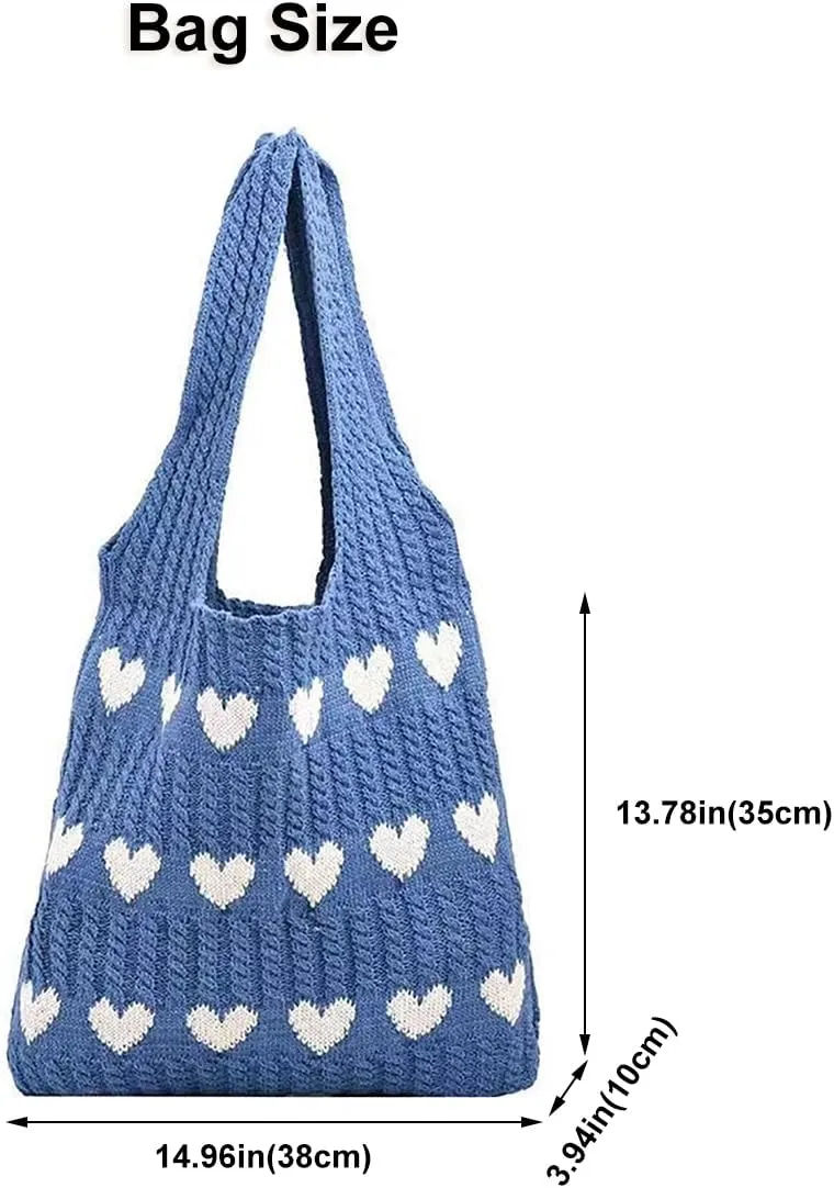 Crochet Tote Bag Cute Heart Pattern Hobo Bag Knitted Shopping Shoulder Commute Handbag Hollow Beach Purse for Women