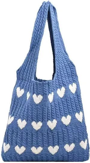 Crochet Tote Bag Cute Heart Pattern Hobo Bag Knitted Shopping Shoulder Commute Handbag Hollow Beach Purse for Women