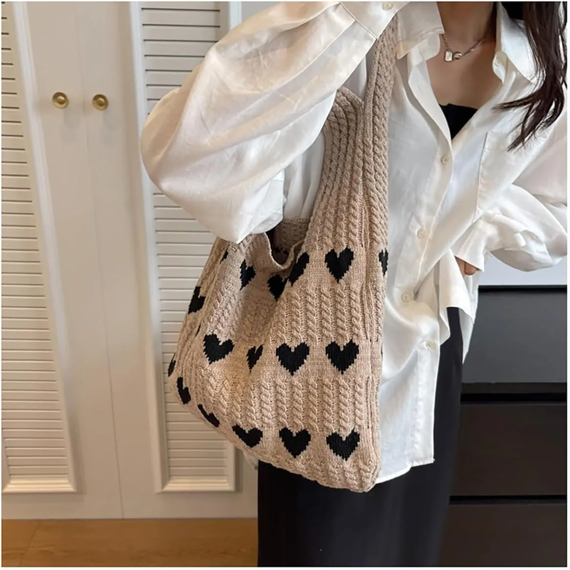 Crochet Tote Bag Cute Heart Pattern Hobo Bag Knitted Shopping Shoulder Commute Handbag Hollow Beach Purse for Women