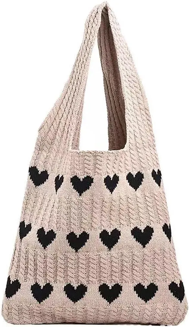 Crochet Tote Bag Cute Heart Pattern Hobo Bag Knitted Shopping Shoulder Commute Handbag Hollow Beach Purse for Women