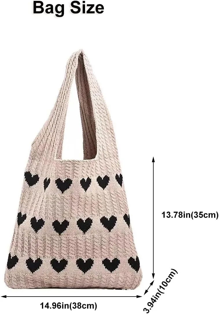 Crochet Tote Bag Cute Heart Pattern Hobo Bag Knitted Shopping Shoulder Commute Handbag Hollow Beach Purse for Women