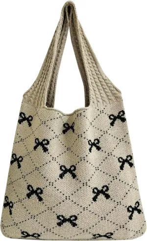 Crochet Tote Bag for Women, Bow Aesthetic Knitted Boho Shoulder Handbag, Cute Travel Tote