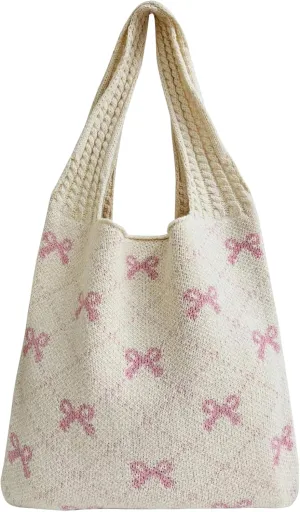 Crochet Tote Bag for Women, Bow Aesthetic Knitted Boho Shoulder Handbag, Cute Travel Tote