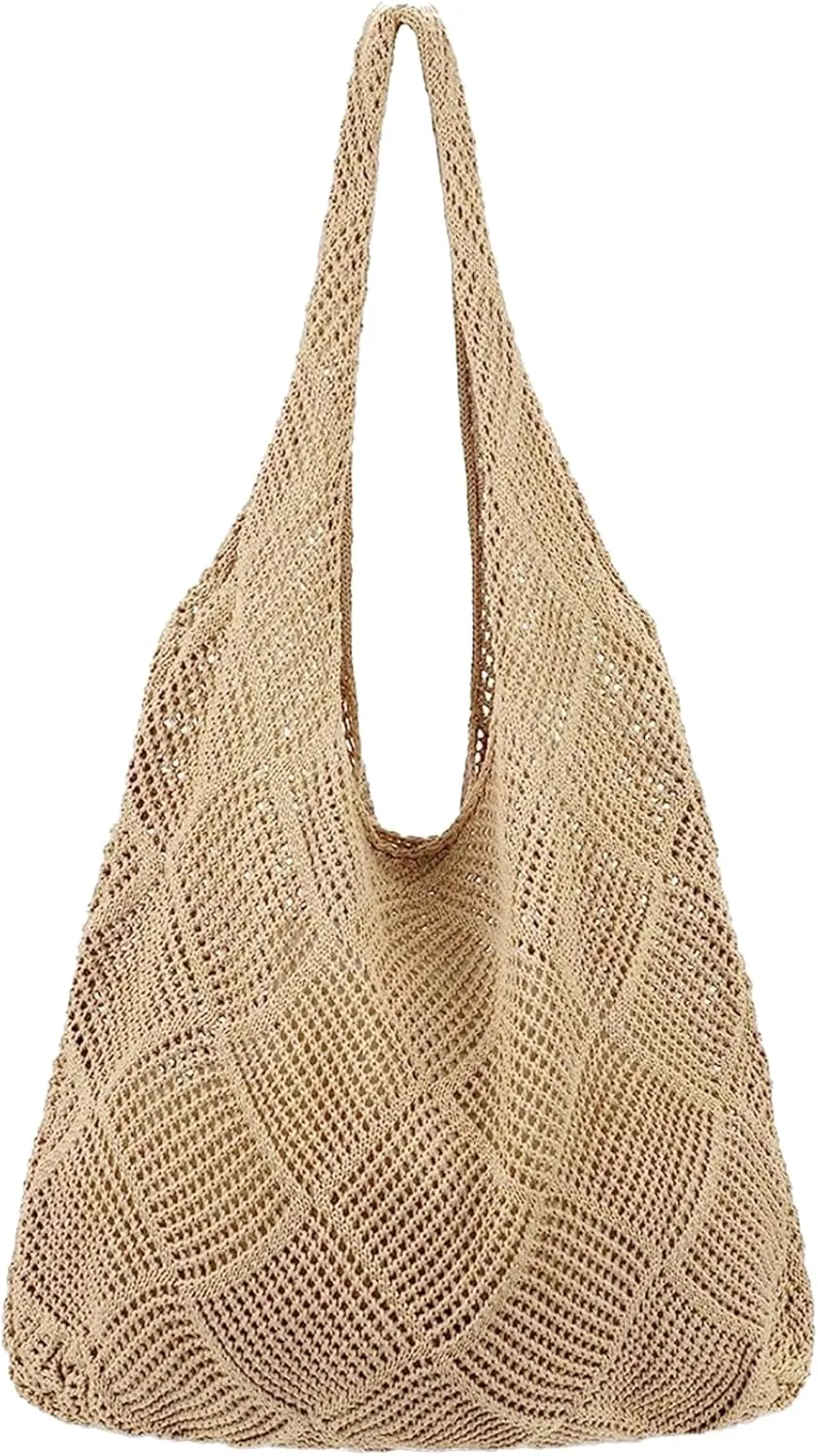Crochet Tote Bag for Women Mesh Hollow Summer Beach Bag Rustic Crochet Handbags Knitted Shoulder Bags Casual Beach Purse for Dating, Shopping, Crochet Tote Bag