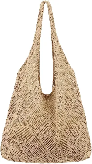 Crochet Tote Bag for Women Mesh Hollow Summer Beach Bag Rustic Crochet Handbags Knitted Shoulder Bags Casual Beach Purse for Dating, Shopping, Crochet Tote Bag