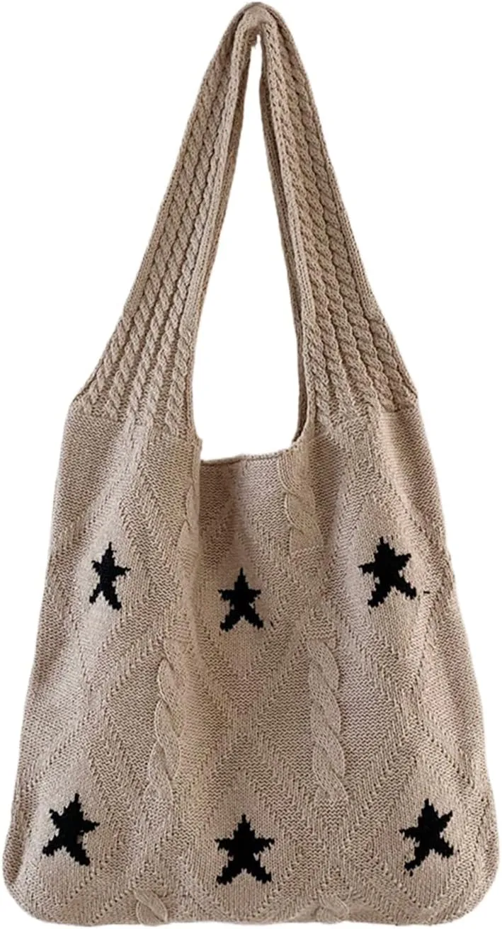 Crochet Tote Bag for Women - Star Pattern Large Capacity Knitted Handbag, Boho Woven Vocation Shoulder Bag