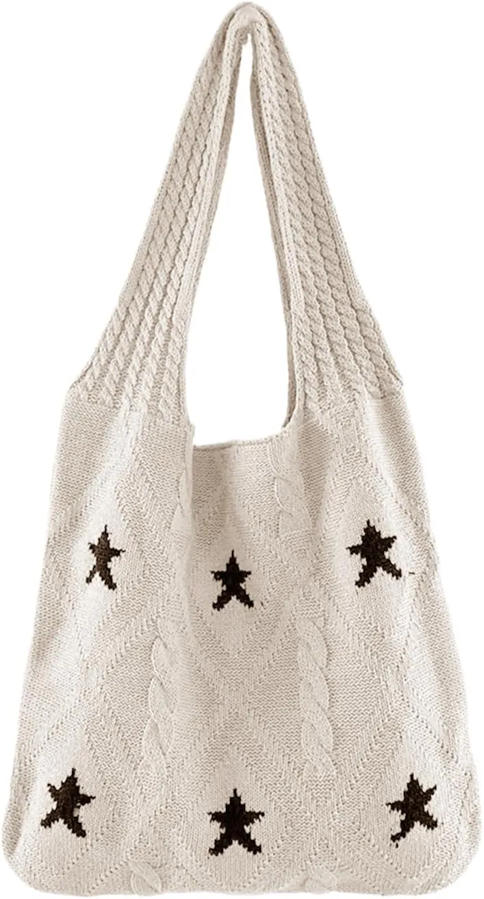 Crochet Tote Bag for Women - Star Pattern Large Capacity Knitted Handbag, Boho Woven Vocation Shoulder Bag