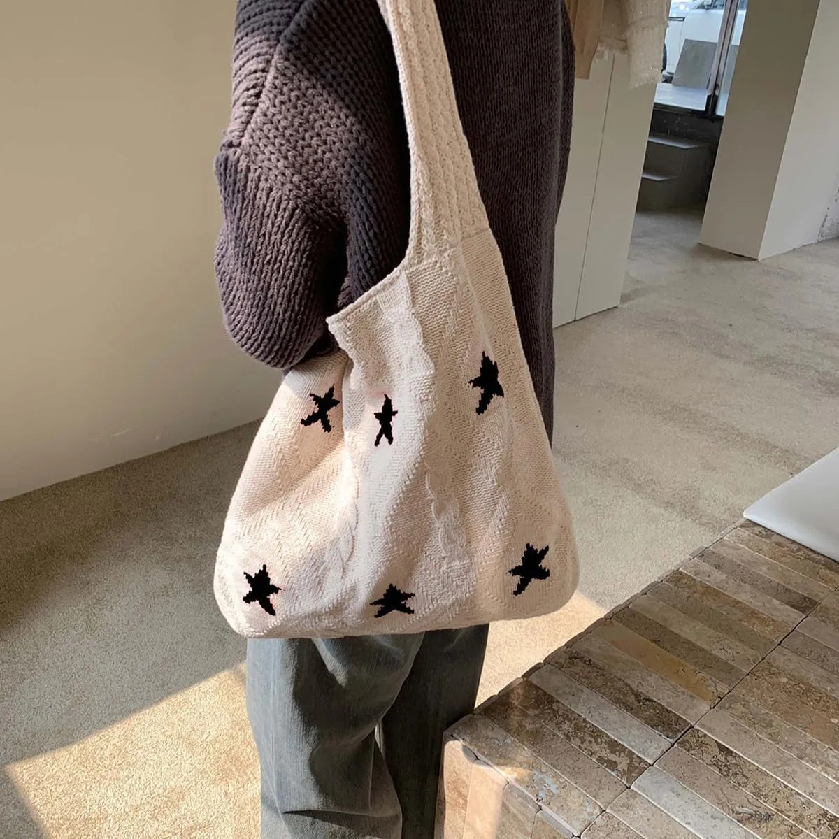 Crochet Tote Bag for Women - Star Pattern Large Capacity Knitted Handbag, Boho Woven Vocation Shoulder Bag