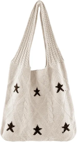 Crochet Tote Bag for Women - Star Pattern Large Capacity Knitted Handbag, Boho Woven Vocation Shoulder Bag