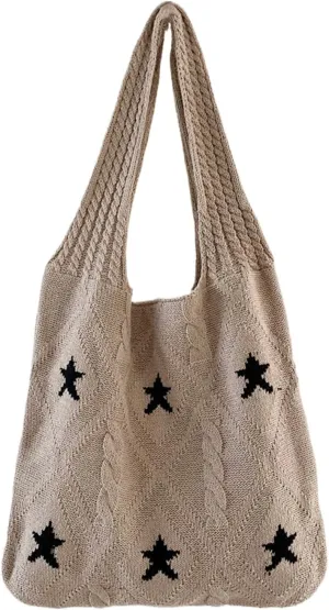 Crochet Tote Bag for Women - Star Pattern Large Capacity Knitted Handbag, Boho Woven Vocation Shoulder Bag