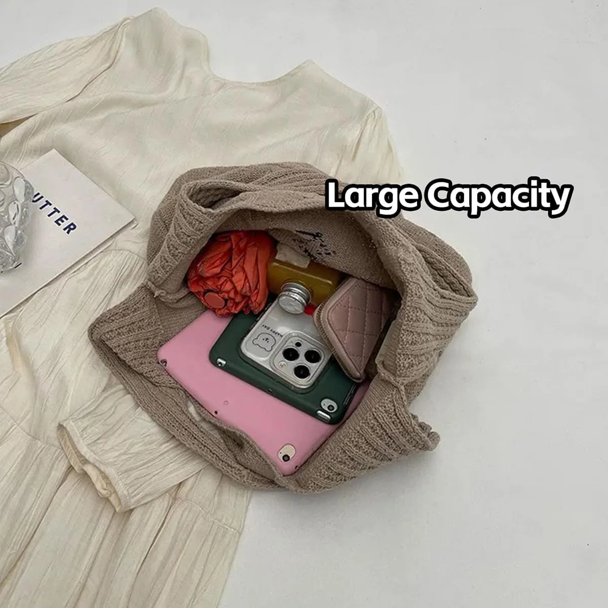 Crochet Tote Bag for Women - Star Pattern Large Capacity Knitted Handbag, Boho Woven Vocation Shoulder Bag