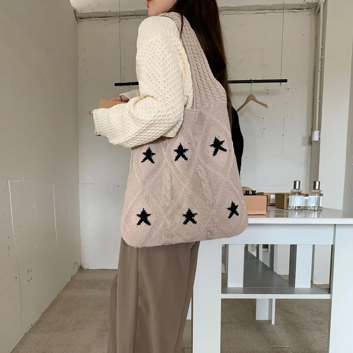 Crochet Tote Bag for Women - Star Pattern Large Capacity Knitted Handbag, Boho Woven Vocation Shoulder Bag
