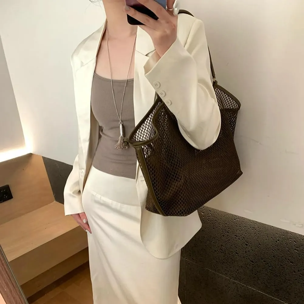 Crochet Tote Bag Women 2025 Summer Trendy Mesh Beach Bags Knitted Shoulder Purse Large Handbags Picnic Vacation