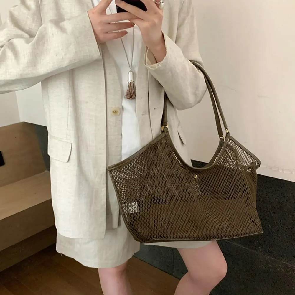 Crochet Tote Bag Women 2025 Summer Trendy Mesh Beach Bags Knitted Shoulder Purse Large Handbags Picnic Vacation