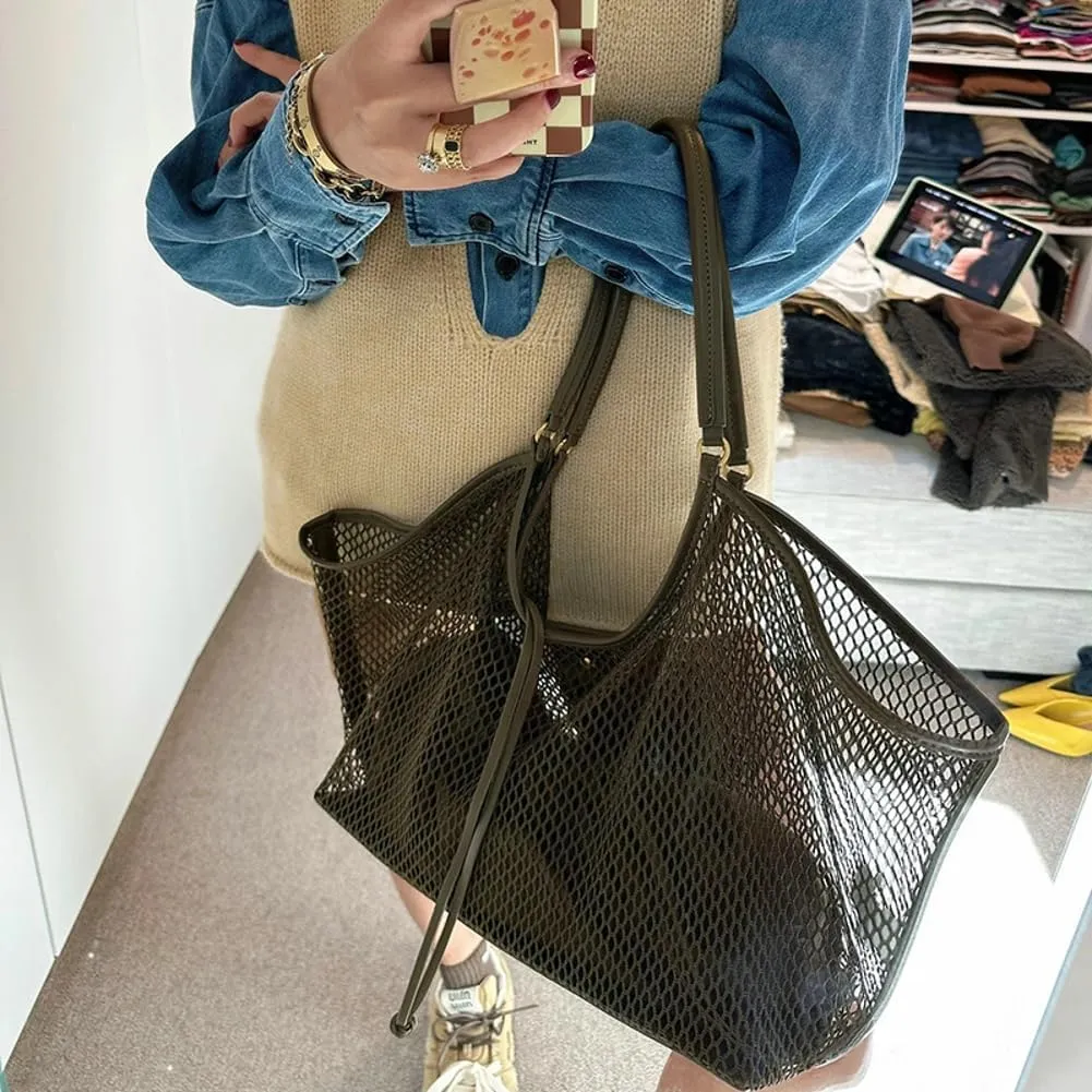 Crochet Tote Bag Women 2025 Summer Trendy Mesh Beach Bags Knitted Shoulder Purse Large Handbags Picnic Vacation