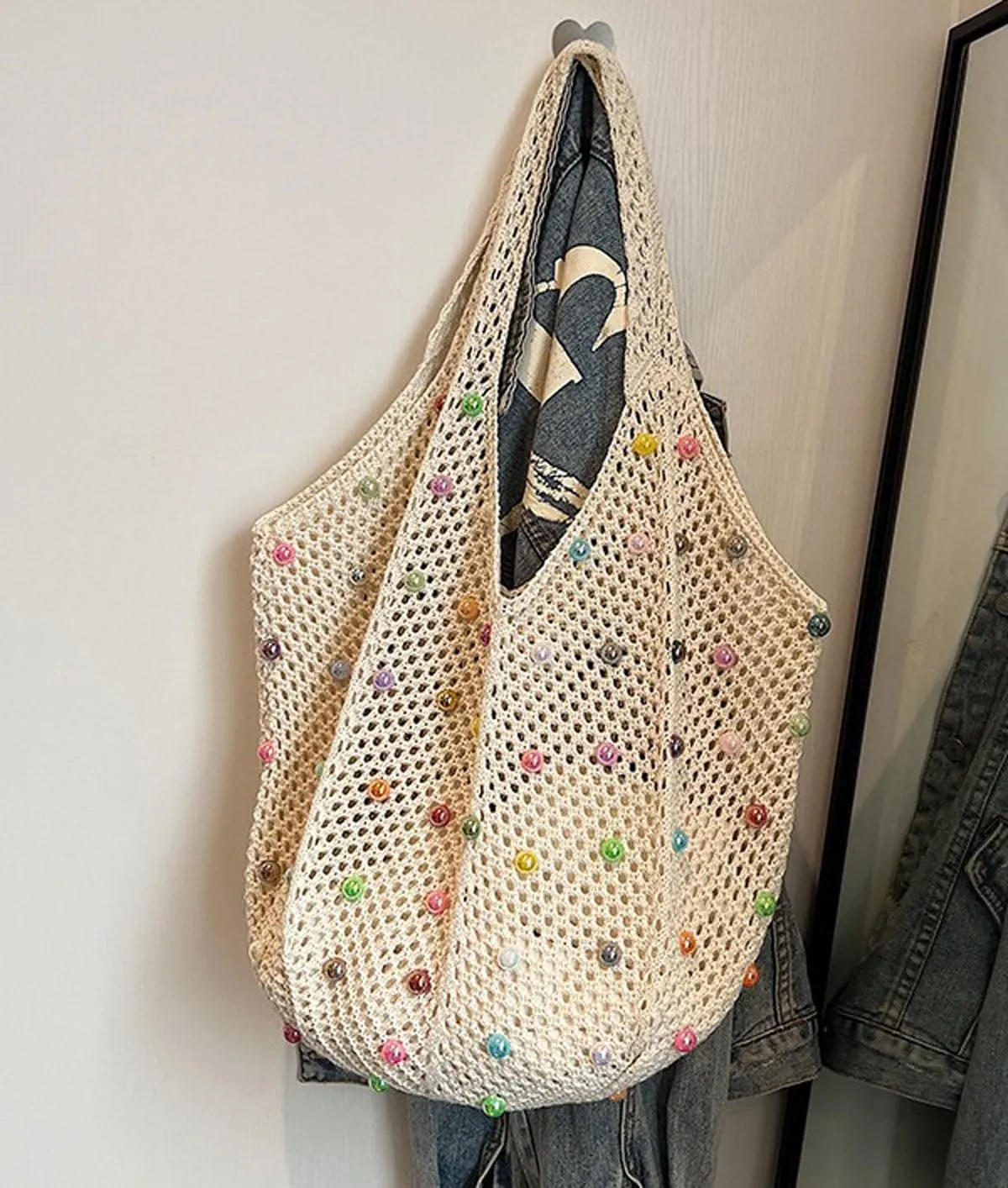 Crochet Tote Bags for Women Colorful Pearl Beaded Mesh Handbag Knitted Beach Shoulder Bags