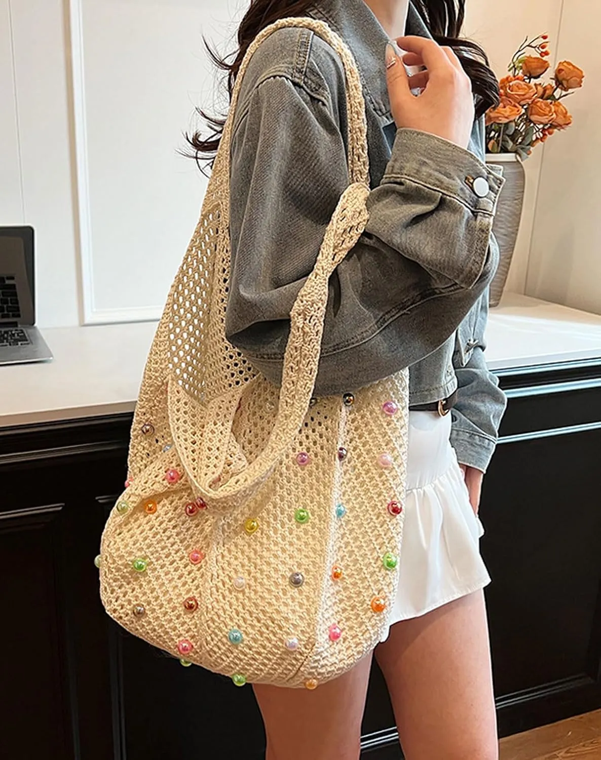 Crochet Tote Bags for Women Colorful Pearl Beaded Mesh Handbag Knitted Beach Shoulder Bags