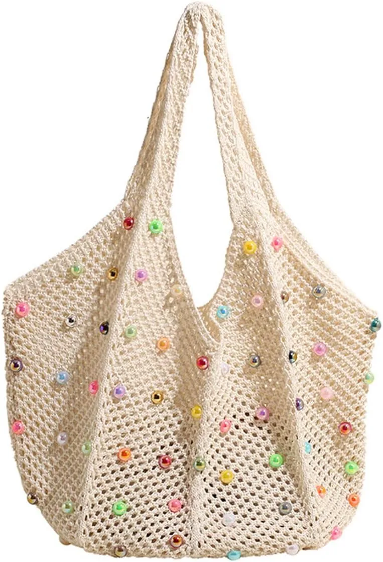 Crochet Tote Bags for Women Colorful Pearl Beaded Mesh Handbag Knitted Beach Shoulder Bags
