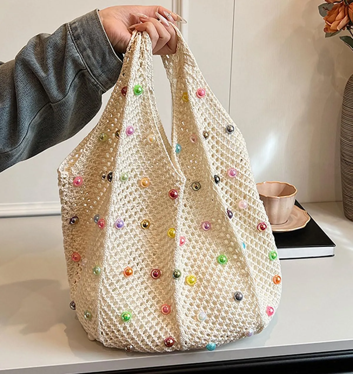 Crochet Tote Bags for Women Colorful Pearl Beaded Mesh Handbag Knitted Beach Shoulder Bags