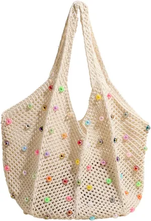 Crochet Tote Bags for Women Colorful Pearl Beaded Mesh Handbag Knitted Beach Shoulder Bags