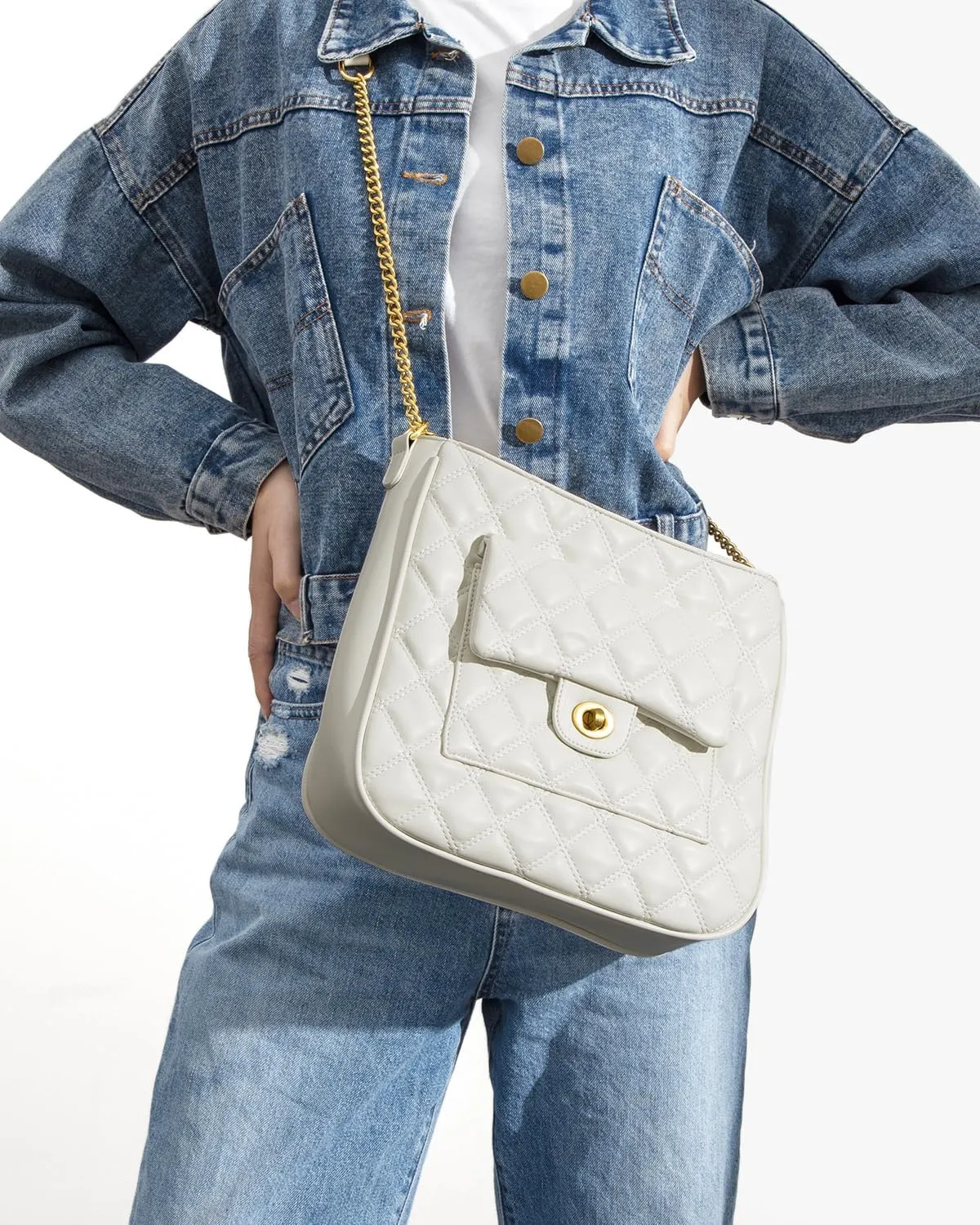 Crossbody Bag for Women, Quilted Crossbody Handbags Trendy Leather Purse Shoulder Bag with Adjustable Chain Strap