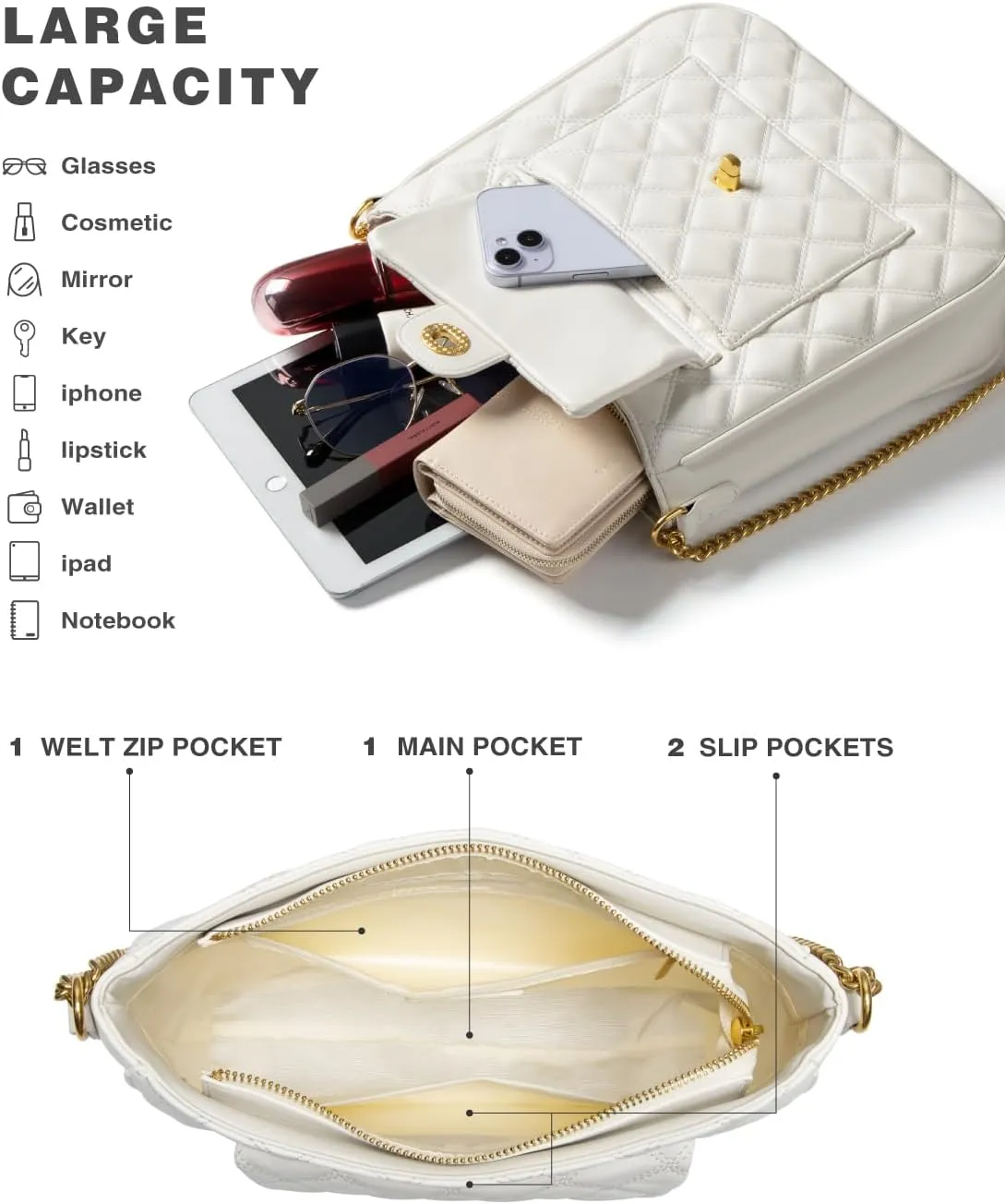 Crossbody Bag for Women, Quilted Crossbody Handbags Trendy Leather Purse Shoulder Bag with Adjustable Chain Strap