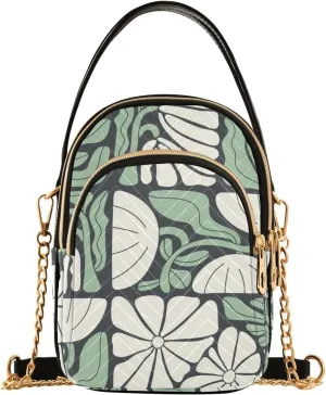 Crossbody Handbags Sling Bags Geometric Floral Green Phone Bag for Women Cross Body Purse Fanny Pack with Leather Handheld and Golden Chain for Traveling Daily
