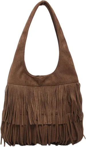 Crossbody Purse for Women Trendy Retro Suede Flock Capacity Handbag with Wide Comfortable Strap Tassel