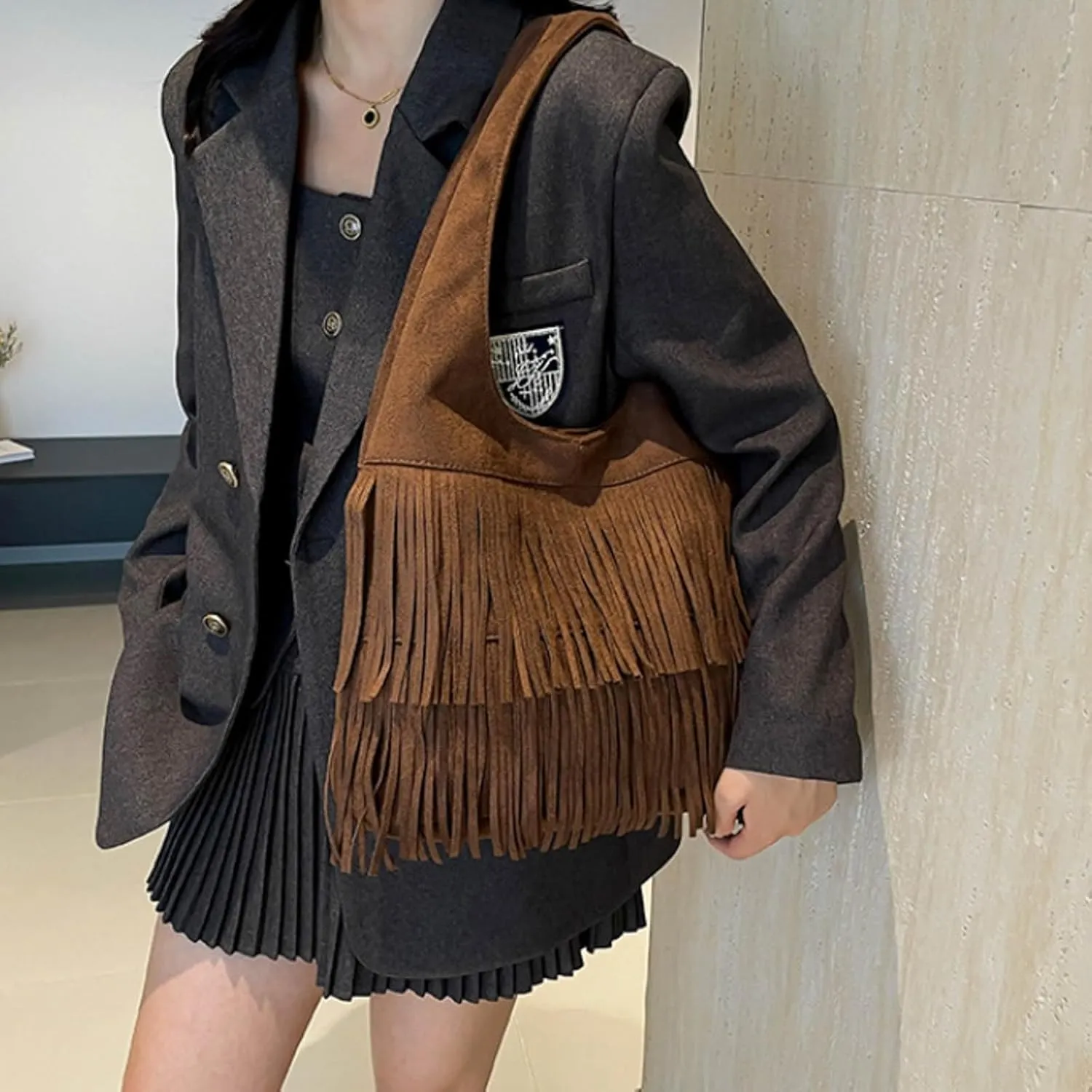 Crossbody Purse for Women Trendy Retro Suede Flock Capacity Handbag with Wide Comfortable Strap Tassel