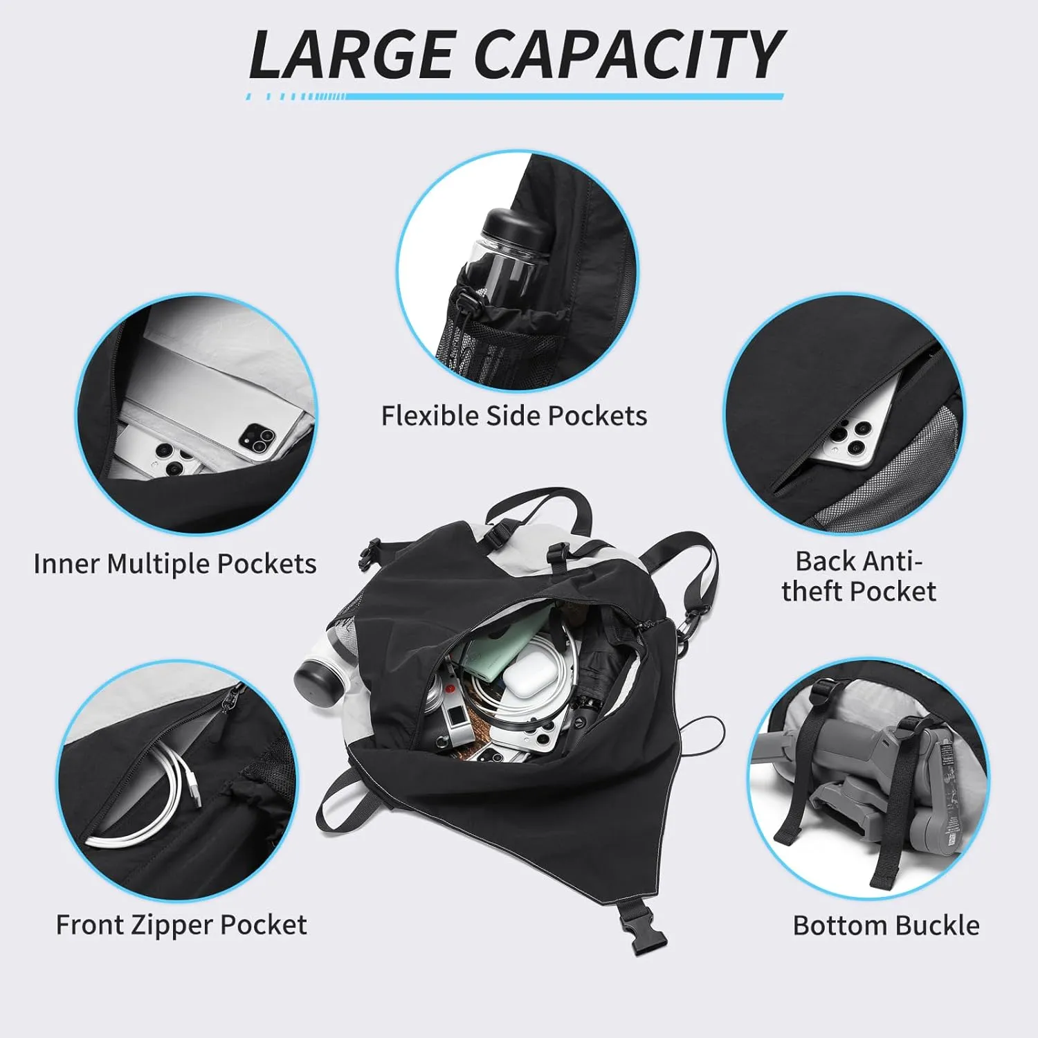 Crossbody Sling Bag Foldable Backpack Shoulder Casual Daypack Multipurpose Rucksack for Men Women Casual Hiking Outdoor Travel,Grayish Black