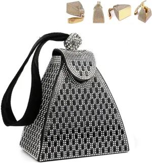 Crystal Pyramid Handbag, Women's Crystal Clutch Handbags, Rhinestones Luxury Evening Bags Fashion Gold Evening Handbag(Black)