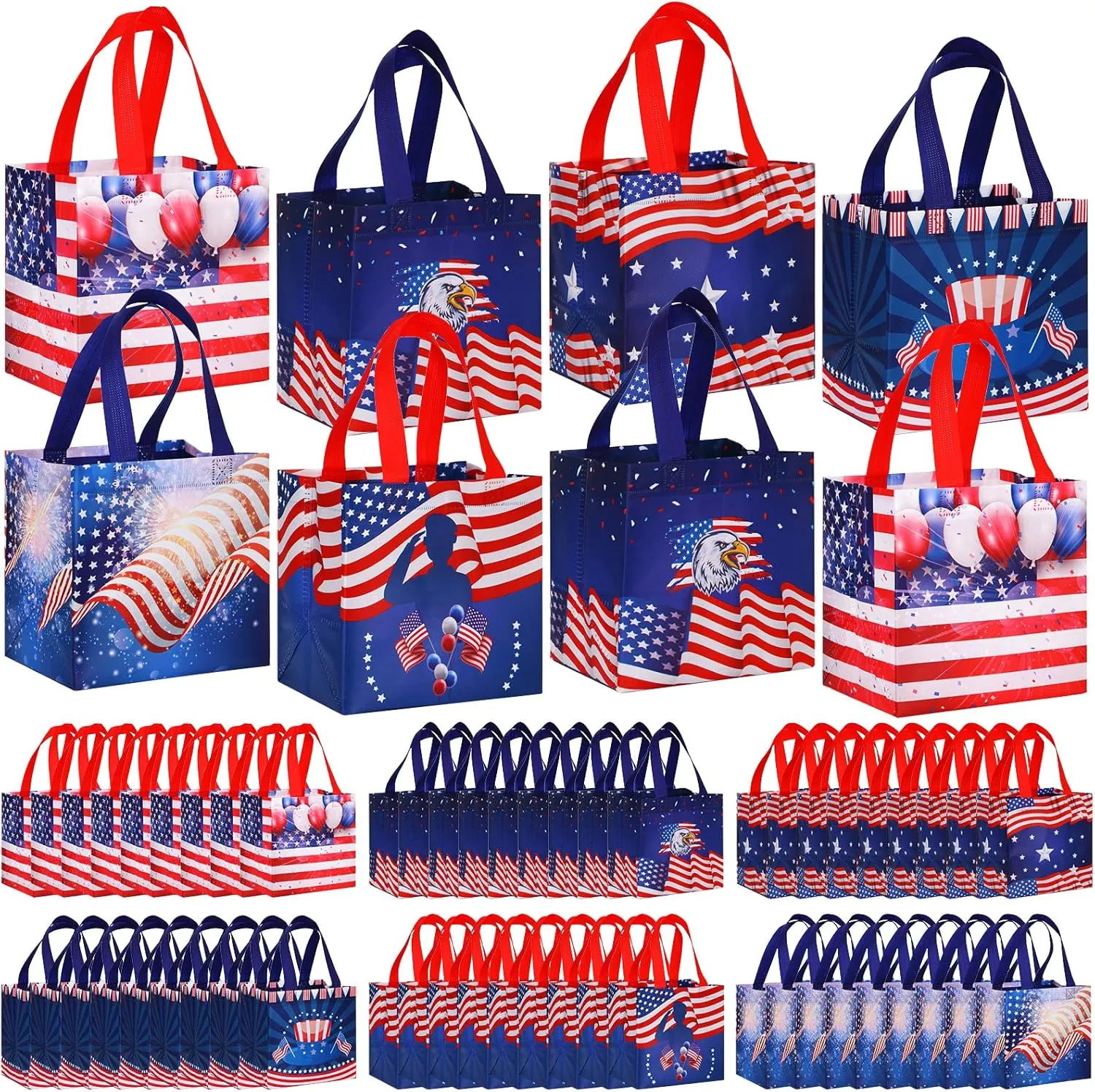 Ctosree 48 Pcs Patriotic Gift Bags Bulk 4th of July Memorial Independence Day Celebration-red White Blue Non Woven Tote with Handle