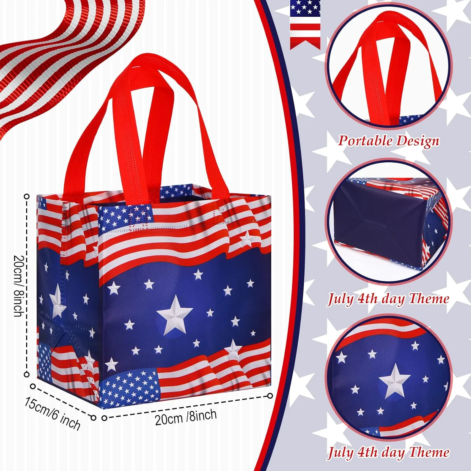 Ctosree 48 Pcs Patriotic Gift Bags Bulk 4th of July Memorial Independence Day Celebration-red White Blue Non Woven Tote with Handle