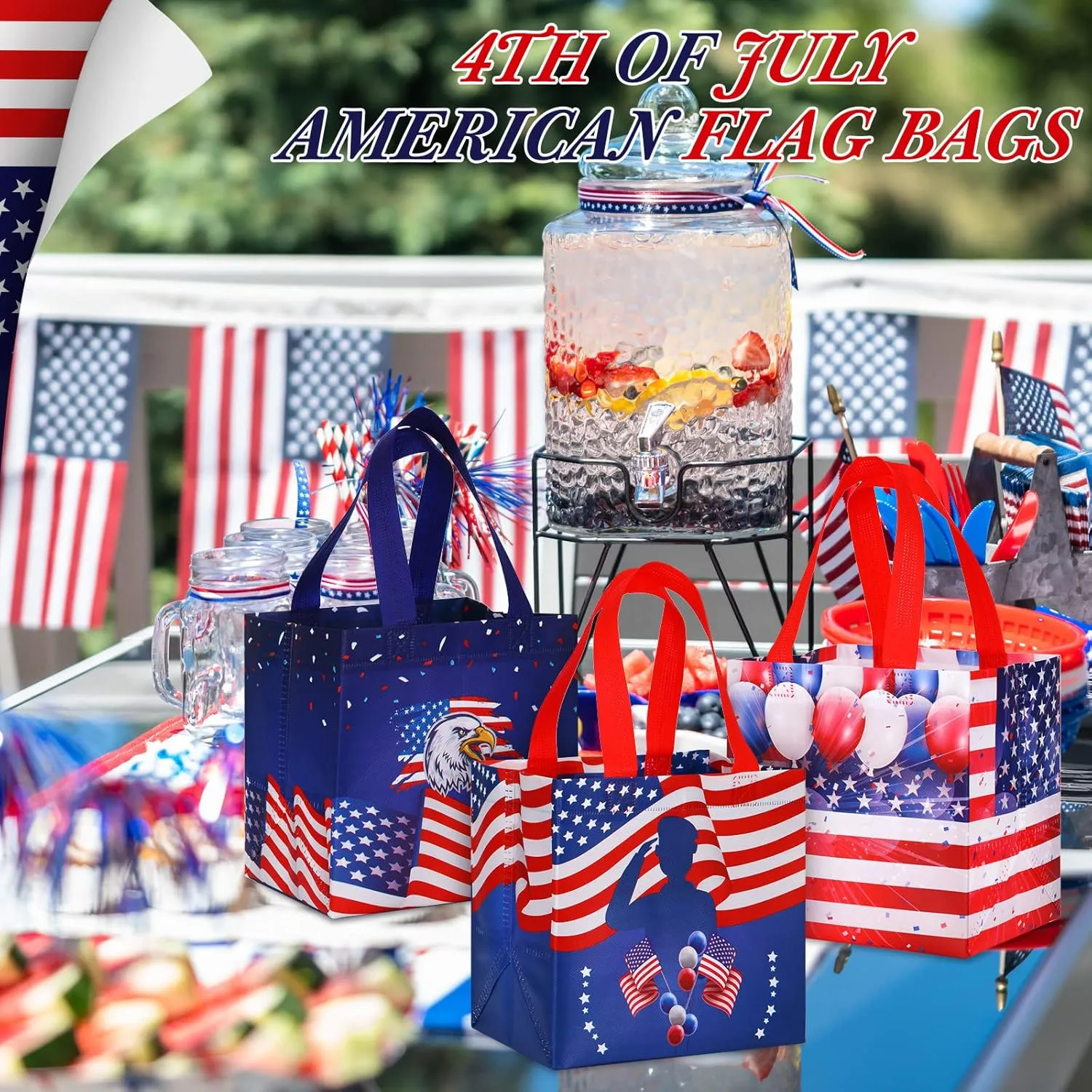 Ctosree 48 Pcs Patriotic Gift Bags Bulk 4th of July Memorial Independence Day Celebration-red White Blue Non Woven Tote with Handle